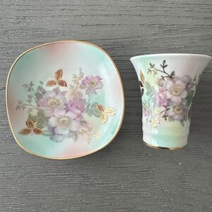 Vintage Bavaria Arzberg Schumann Wild Rose Dish Vase Set Small Goldtrim Germany